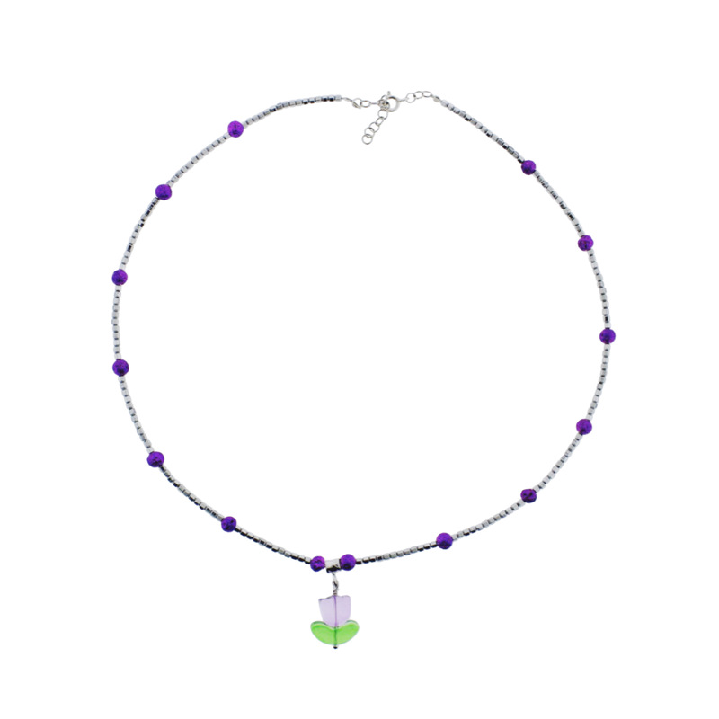 IMG_8414-1 Collana tulipano viola rondelle e sfere in ematite in argento - immagine 1