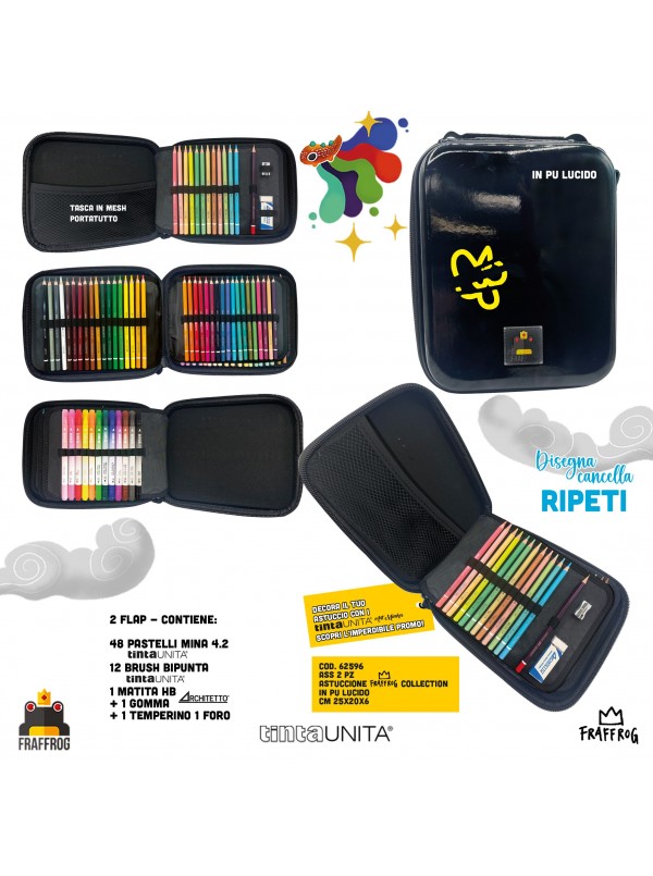 pegasus-Astuccio-big-Fraffrog-TintaUnita-con-pastelli-brushpen-e-omaggio-12-Art-Marker TINTA UNITA Astuccio Big Fraffrog One Zip con Pastelli e Brushpen - immagine 1